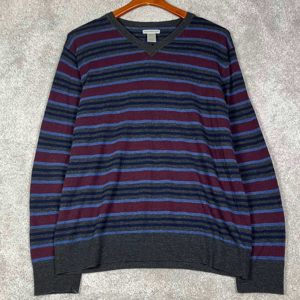 VTG Gap V-Neck Sweater Mens L Gray Blue Maroon Striped Italian Merino Wool 90s